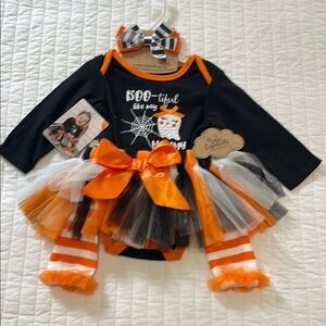 Baby Ess 4 pc Black Orange Halloween Costume Onsie Tutu Bow Leg Warmers 9 mths